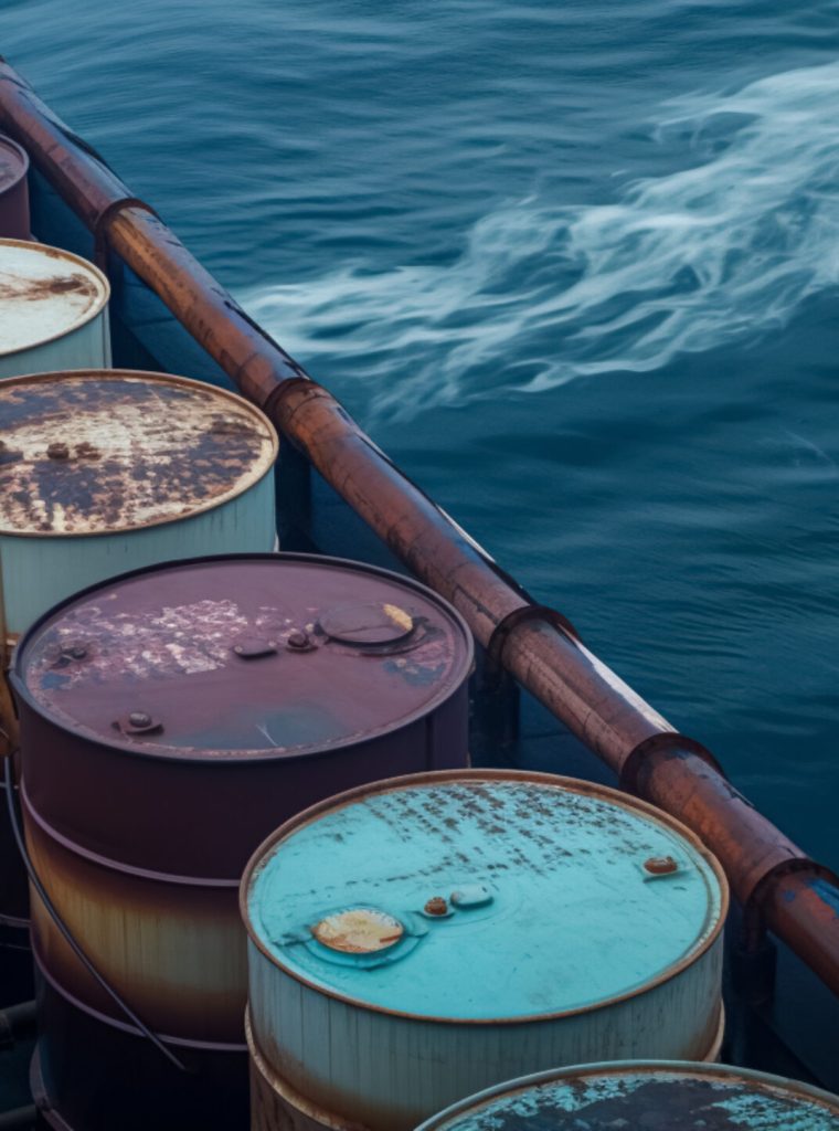 Barrels of oil on the high seas, created with Generative AI technology